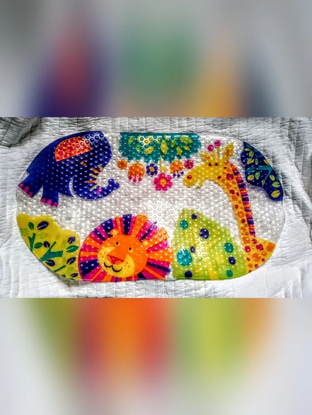 Colorful Baby Bath Tub Mat with Suction Grips -  Clear with Animal Graphics